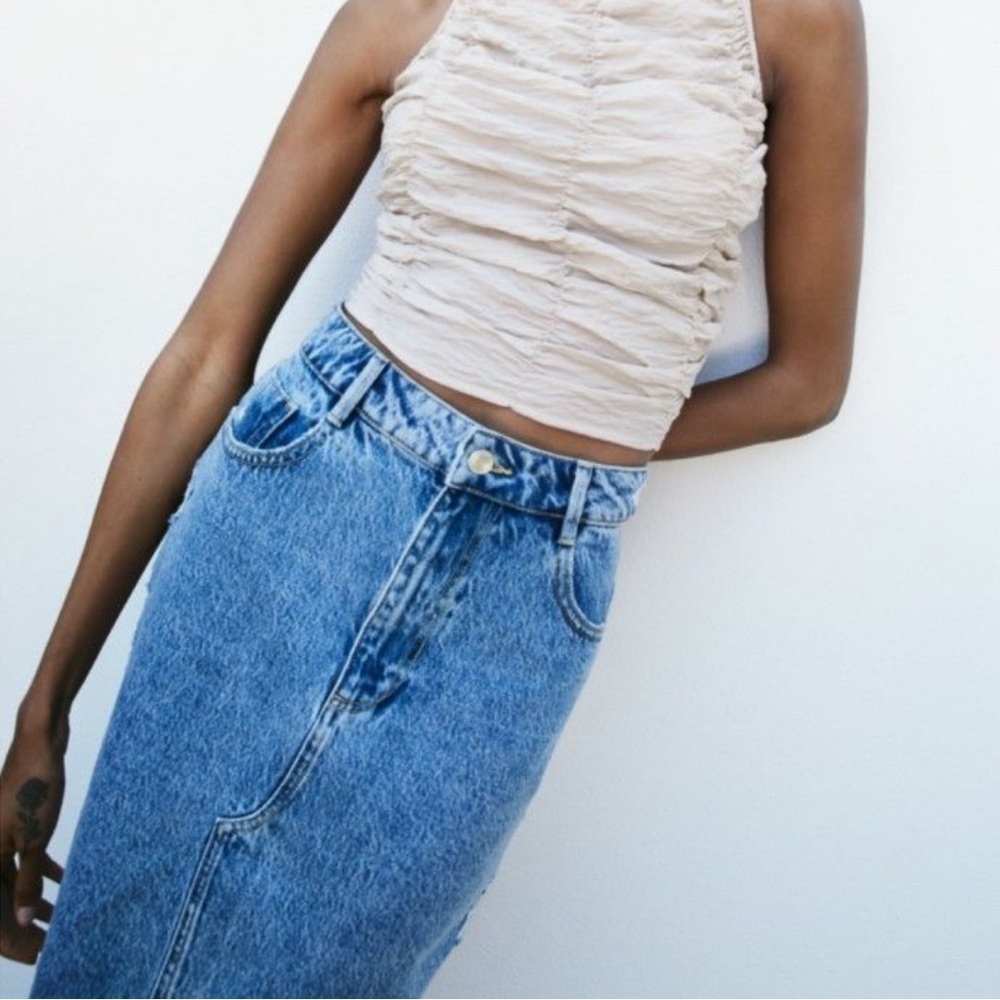 Zara Midi High Waisted Denim Skirt Blue Cotton Size M Distressed Split Front Hem - Picture 5 of 16
